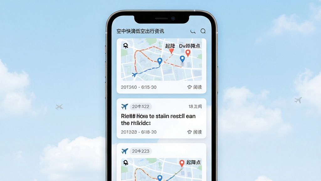 空中快滴低空出行资讯页面展示,画面为手机屏幕内显示资讯卡片流,卡片包含城市空中航线图、起降点标注、新闻标题,背景为淡蓝色天空与云朵,布局为瀑布流排版,风格清新浅色,细节包含小飞机图标、日期标签、阅读量,画质高清干净无多余元素