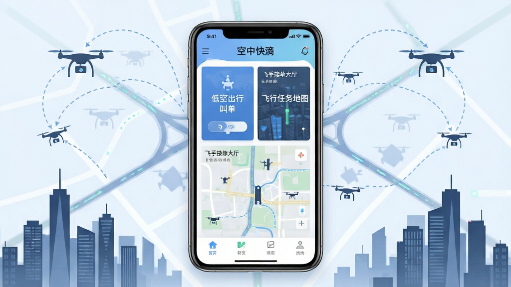 空中快滴软件主界面全景展示,画面中央放置一部智能手机,屏幕显示空中快滴应用首页,包含低空出行叫单入口、飞手接单大厅、飞行任务地图三大模块,背景为现代化城市低空航线示意图,布局清晰左右对称,排版采用上下结构,风格为科技感扁平化设计,细节包含无人机图标、航线虚线、城市楼宇剪影,画质高清干净无多余元素
