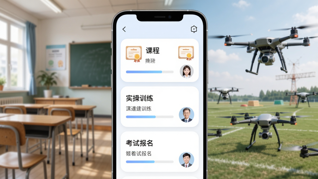 空中快滴飞行培训页面展示,画面主体为手机屏幕显示课程列表,包含理论课程、实操训练、考试报名三个板块,背景为教室与无人机训练场融合场景,布局为上下分栏排版,风格柔和圆角,细节包含证书图标、进度条、讲师头像,画质高清干净无多余元素