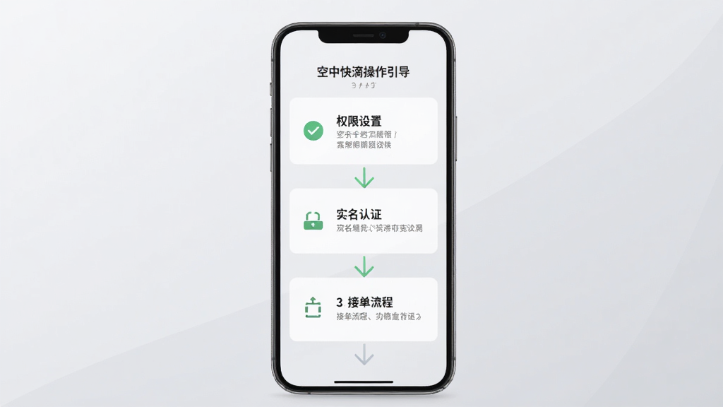 空中快滴新手操作引导界面展示,画面为手机屏幕内显示分步引导图,包含权限设置、实名认证、接单流程三个步骤,背景为浅灰色渐变,布局为纵向步骤排版,风格素雅极简,细节包含勾选图标、进度指示、箭头引导,画质高清干净无多余元素