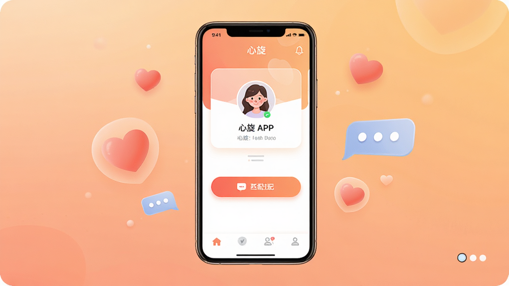 ����APP������չʾ������������һ�������ֻ�����Ļ��ʾ����Ӧ����ҳ�������û�ͷ��Ƭ��ƥ�䰴ť������Ϊ��͵Ľ���ůɫ������ΧƯ���Ű�������������Ԫ�أ������������ִ������ּ�����죬�����������ɾ��޶���Ԫ��
