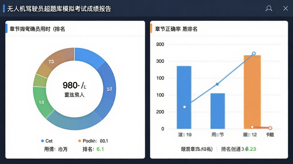 无人机驾驶员超题库模拟考试成绩报告页面,画面展示分数环形图与章节正确率柱状图,布局为上下结构,风格为数据统计类界面,细节包含用时与排名信息,画质清晰,干净无多余元素