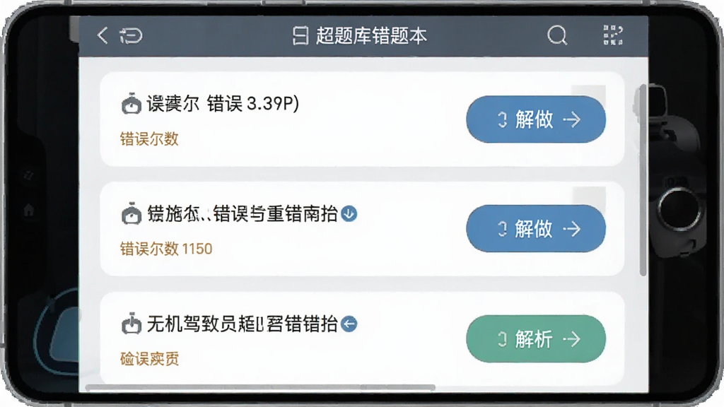 无人机驾驶员超题库错题本界面,画面展示错题列表与重做按钮,布局为竖向卡片式排列,风格为工具类应用界面,细节包含错误次数标记与解析入口,画质清晰,干净整洁