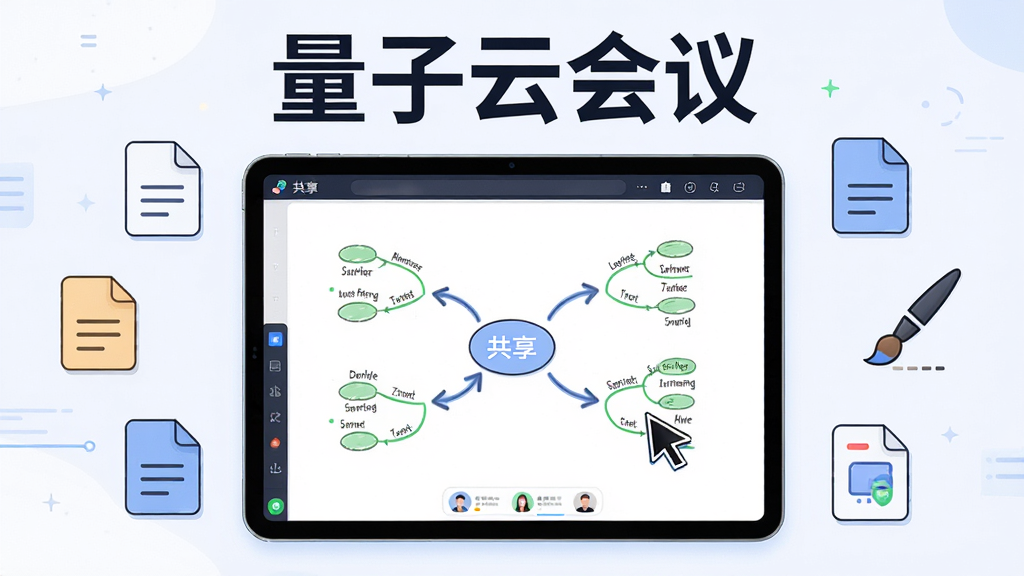 主体为一部平板电脑显示电子白板界面,布局为平板居中、周围环绕着文档图标和画笔工具,排版上方用大号字体写“量子云会议”字样,风格为简洁科技插画,细节包括白板上的思维导图、共享箭头、参会者光标,画质高清,画面干净,无多余元素
