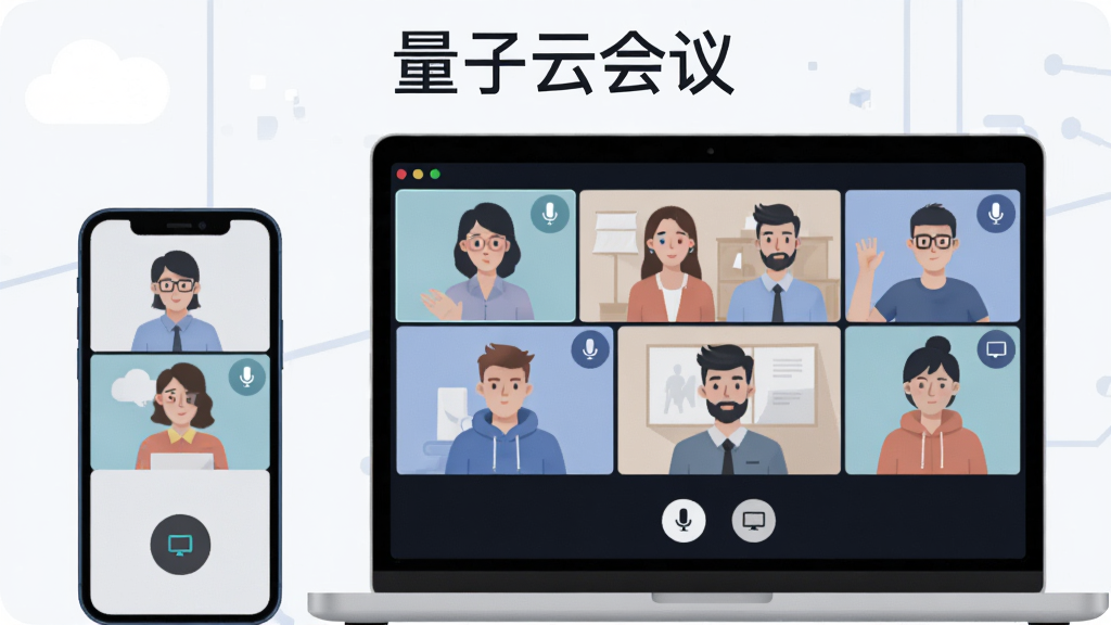 主体为一部智能手机和一台笔记本电脑并排展示,屏幕上显示着多人视频会议界面,布局为居中构图,上方用简洁字体排版“量子云会议”软件名称,风格为现代科技感扁平插画,细节包括视频窗口中的人物头像、麦克风图标、共享屏幕按钮,画质高清,画面干净,无多余元素