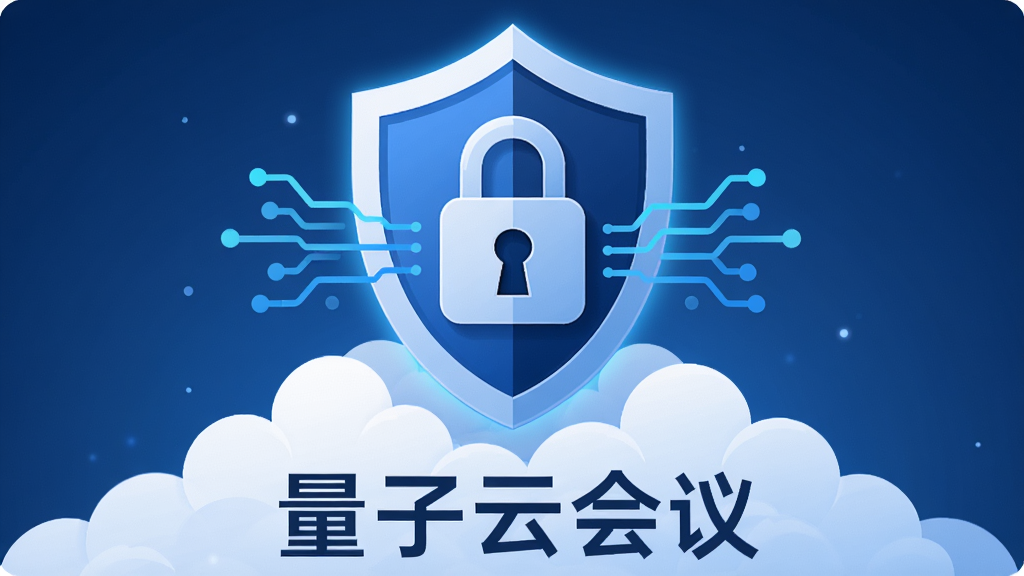 主体为一个盾牌与锁的组合图标悬浮在云朵上方,布局为中心对称构图,排版在盾牌下方写“量子云会议”文字,风格为扁平化安全主题插画,细节包括加密锁孔、数据流线条、蓝色光晕,画质高清,画面干净,无多余元素