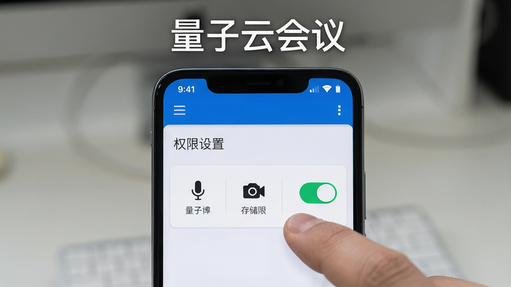 主体为一部安卓手机屏幕显示量子云会议权限设置界面,布局为手机居中、手指点击权限开关,排版在手机上方写“量子云会议”文字,风格为写实UI界面风格,细节包括麦克风、摄像头、存储权限图标,画质高清,画面干净,无多余元素