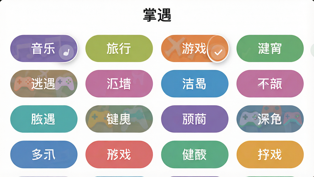 掌遇兴趣标签选择界面,多个彩色标签以网格形式排列,包括“音乐”“旅行”“游戏”等字样,画面顶部有“掌遇”标题,布局对称,排版清爽,风格扁平化,细节有选中高亮效果,画质清晰,干净,无多余元素