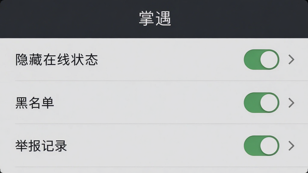 掌遇隐私设置页面,列表项包括“隐藏在线状态”“黑名单”“举报记录”等,画面中有“掌遇”字样,布局为纵向列表,排版规范,风格沉稳,细节有开关按钮与箭头图标,画质高清,干净,无多余元素