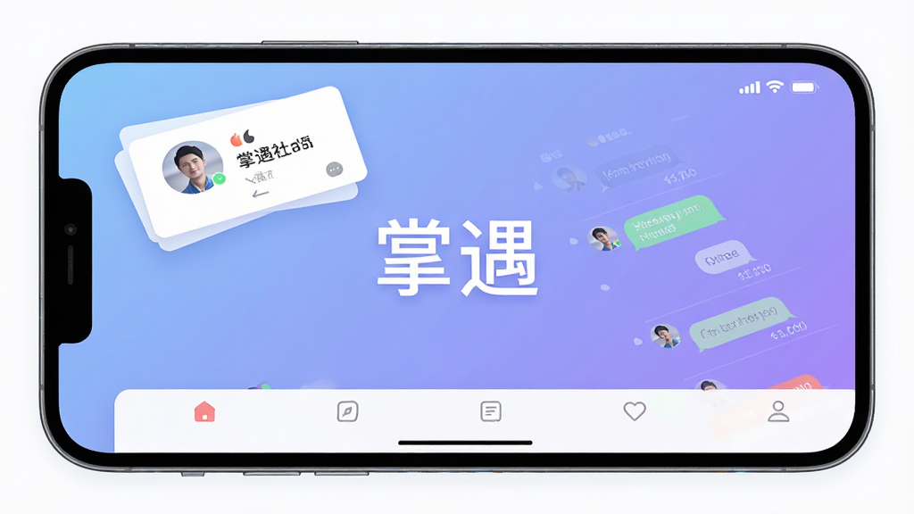 掌遇社交应用主界面展示,手机屏幕中呈现用户资料卡片与聊天列表,背景为柔和的渐变蓝紫色,画面中央有“掌遇”字样,布局简洁,排版清晰,风格现代清新,细节包括头像、消息气泡、底部导航栏,画质高清,干净,无多余元素