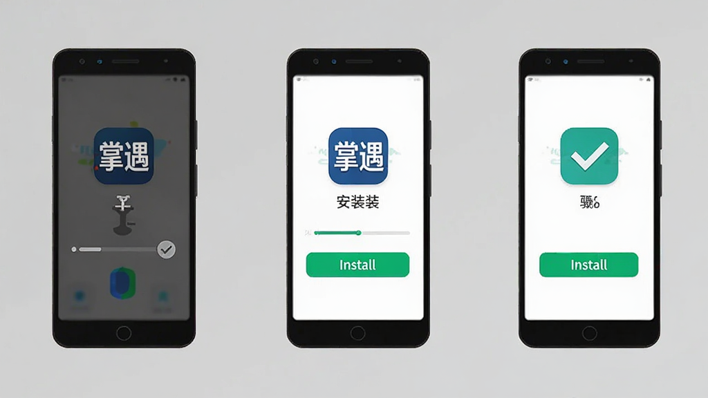掌遇安卓手机安装步骤示意图,画面中展示手机屏幕从下载到安装完成的三个画面,包含“掌遇”图标与安装按钮,布局为横向排列,排版清晰,风格扁平化教程风,细节有进度条与勾选标记,画质高清,干净,无多余元素