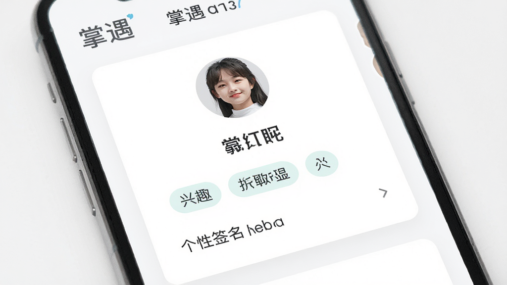 掌遇应用内用户资料页特写,画面中显示头像、昵称、兴趣标签和个性签名,布局为卡片式,排版整齐,风格简约明快,细节有“掌遇”logo,画质清晰,干净,无多余元素