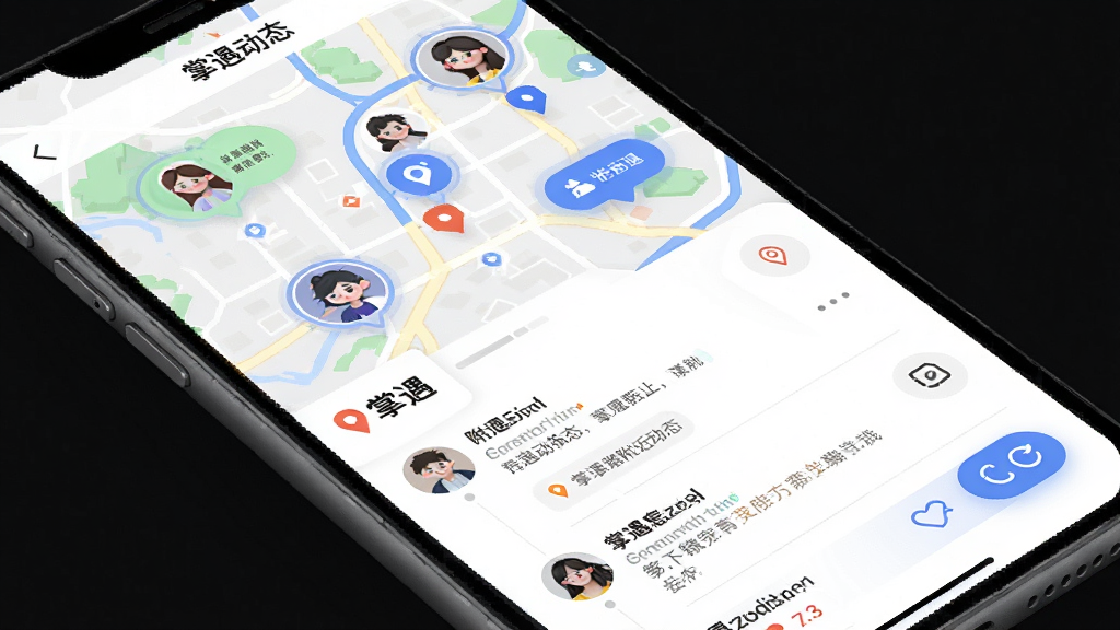 掌遇附近动态页面展示,地图背景上分布着用户头像气泡,下方是动态信息流,画面中有“掌遇”文字标识,布局层次分明,排版活泼,风格年轻化,细节有定位图标与刷新按钮,画质高清,干净,无多余元素