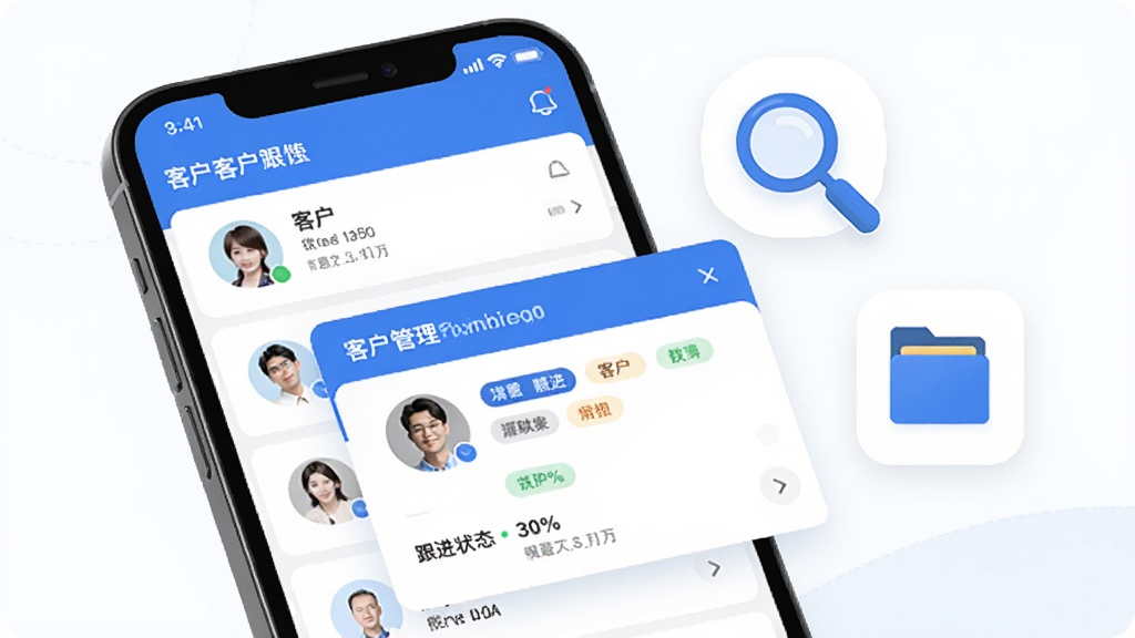 渠易宝客户管理功能界面,画面展示一部手机屏幕内呈现客户列表与详情卡片,卡片上有头像、标签和跟进状态,旁边漂浮着放大镜和文件夹图标,整体布局简洁有序,采用蓝色与白色为主色调,扁平化设计风格,细节清晰,画质干净,无多余元素