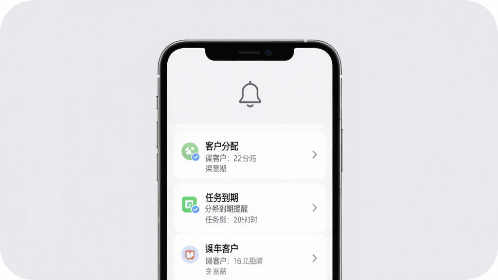 渠易宝消息提醒功能界面,画面中央手机屏幕显示通知列表,包含客户分配和任务到期提醒,屏幕上方有铃铛图标,背景为柔和的浅灰色,整体风格简约清新,画质清晰,无多余元素