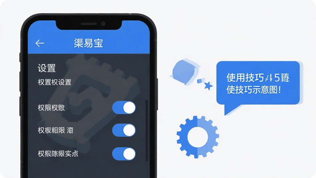 渠易宝使用技巧示意图,画面展示一部手机屏幕内呈现设置菜单和权限开关,旁边有齿轮图标和提示气泡,整体采用浅色背景与蓝色高亮,扁平化设计风格,布局清晰,画质干净,无多余元素