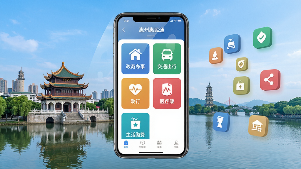 惠州惠民通城市服务全景图,画面中央展示一部智能手机,手机屏幕内呈现惠州惠民通应用首页界面,包含政务办事、交通出行、医疗健康、生活缴费等图标模块,背景为惠州城市地标建筑如合江楼与西湖,整体布局左中右结构,左侧为城市风光,中间为手机主体,右侧为服务功能图标漂浮展示,风格为现代扁平化科技风,细节上手机屏幕有轻微反光,图标色彩鲜明,画质高清,干净,无多余元素