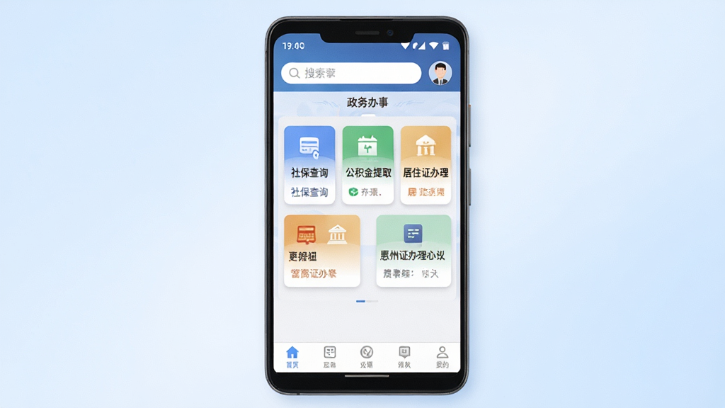 惠州惠民通政务办事功能界面展示图,画面主体为一部安卓手机,屏幕显示惠州惠民通应用内政务办事页面,页面顶部有搜索栏和用户头像,中部为社保查询、公积金提取、居住证办理等卡片式功能入口,底部有导航栏,背景为淡蓝色渐变,风格简洁商务,细节上卡片带有轻微阴影和圆角,画质清晰,干净,无多余元素