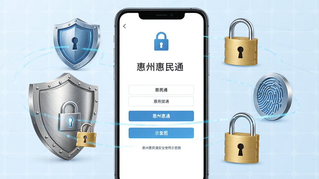 惠州惠民通安全使用示意图,画面中央为手机屏幕显示惠州惠民通登录页面,屏幕周围有盾牌、锁、指纹识别等安全图标环绕,背景为淡蓝色网格纹理,风格简洁安全主题,细节上盾牌有金属质感,锁为金色,画质高清,干净,无多余元素