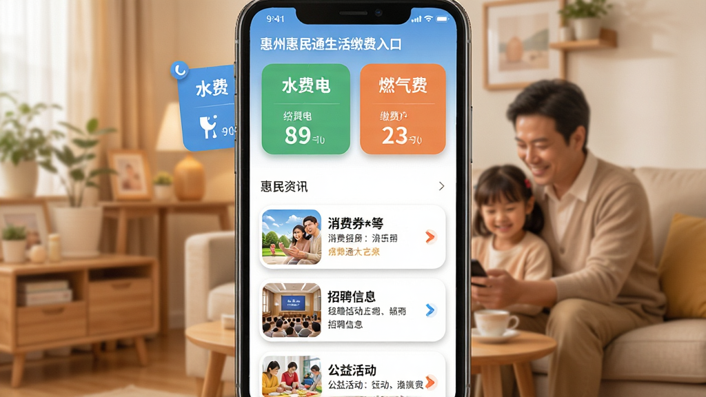 惠州惠民通生活缴费与资讯页面图,手机屏幕上半部分显示水费电费燃气费缴费入口,下半部分为惠民资讯列表,包含消费券、招聘信息、公益活动的图文卡片,背景为温馨家庭场景虚化,风格温暖生活化,细节上卡片有圆角与阴影,文字清晰,画质高清,干净,无多余元素