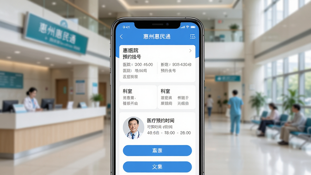 惠州惠民通医疗健康功能界面图,画面中央为手机,屏幕显示惠州惠民通预约挂号页面,包含医院列表、科室分类、医生头像与可预约时间段,背景为医院大厅虚化场景,风格清新医疗风,细节上按钮为蓝色圆角,医生头像清晰,画质高清,干净,无多余元素