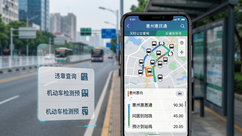惠州惠民通交通出行功能展示图,手机屏幕内呈现惠州惠民通实时公交查询界面,地图上标注公交站点与行驶中的公交车图标,下方列表显示公交线路与预计到站时间,屏幕左侧有违章查询与机动车检测预约按钮,背景为城市道路与公交站台虚化场景,风格写实科技感,细节上地图有路线高亮,画质高清,干净,无多余元素