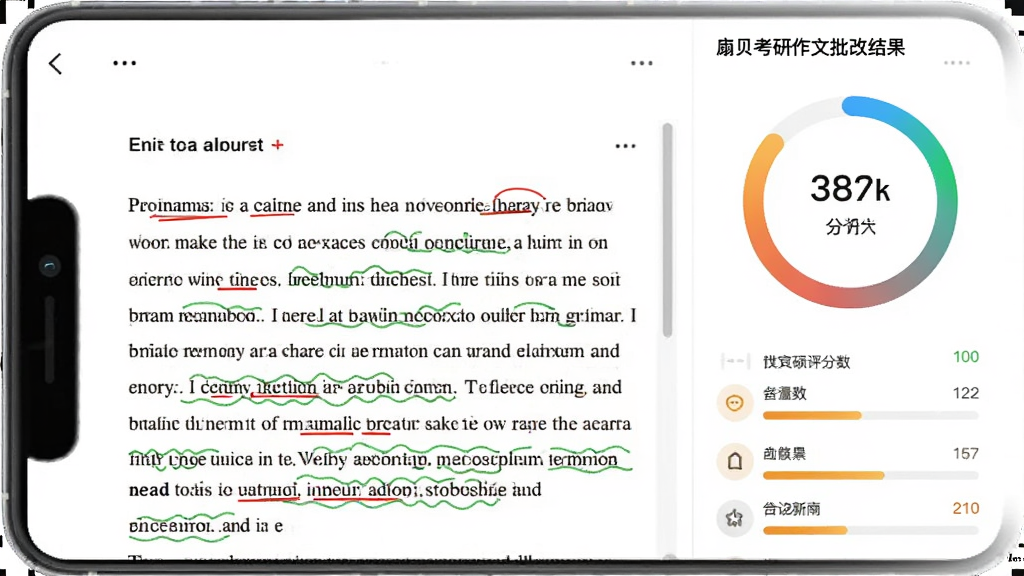 扇贝考研作文批改结果页面,手机屏幕显示一篇英语作文的批改报告,作文中有红色下划线标注的语法错误和绿色波浪线标注的亮点句式,屏幕右侧有分数环和各项评分指标,背景为白色简洁风格,细节包括批改标注清晰、分数环有渐变色彩,画质高清,干净,无多余元素