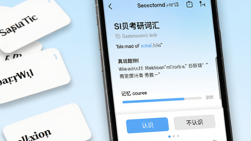 扇贝考研词汇学习页面,手机屏幕特写,屏幕中显示一个考研英语单词及其释义、真题例句和记忆曲线进度条,单词下方有认识与不认识两个操作按钮,背景为浅蓝色渐变,画面左侧散落几张单词卡片,风格清新简约,细节包括卡片边缘的柔和阴影和屏幕内的字体清晰锐利,画质高清,干净,无多余元素