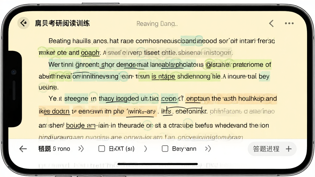 扇贝考研阅读训练界面,手机横屏展示一篇考研英语阅读文章,文章中有高亮标注的长难句和划线重点词汇,屏幕下方显示题目选项和答题进度,背景为淡黄色护眼底色,风格为学习工具类界面设计,细节包括文章排版整齐、标注颜色区分明确,画质高清,干净,无多余元素