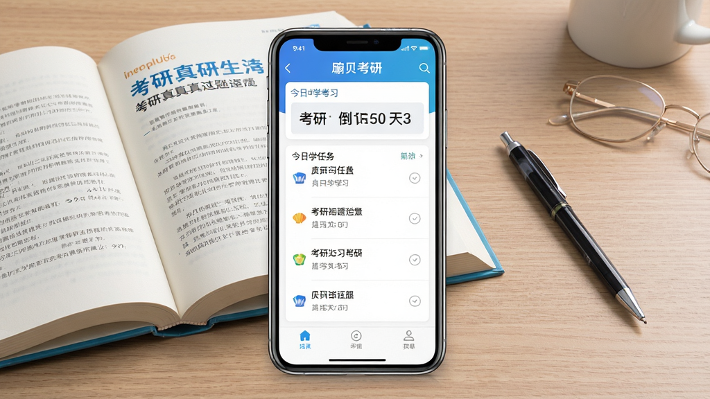 一张展示扇贝考研APP主界面的预览图,画面中央是手机屏幕,屏幕内显示扇贝考研的今日学习任务列表和考研倒计时天数,背景为干净的书桌场景,桌面上放着一本翻开的考研英语真题集和一支笔,整体布局简洁清晰,风格为现代扁平化设计,细节包括手机边框的轻微反光和桌面木纹质感,画质高清,干净,无多余元素