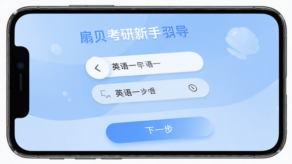扇贝考研新手设置引导页面,手机屏幕显示选择考研年份和英语一英语二选项的界面,屏幕下方有下一步按钮,背景为柔和蓝色渐变,风格为移动应用引导页设计,细节包括选项按钮有轻微按压效果、文字排版清晰,画质高清,干净,无多余元素