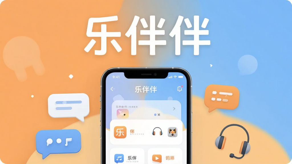 画面中央是乐伴伴应用主界面手机模型,背景为暖橙色与浅蓝色渐变,顶部放置“乐伴伴”大号文字标识,底部环绕多个聊天气泡和耳机图标,排版采用居中对称式,风格为清新扁平化插画,细节包含圆角卡片、柔和阴影、简洁图标,画质高清,干净无多余元素