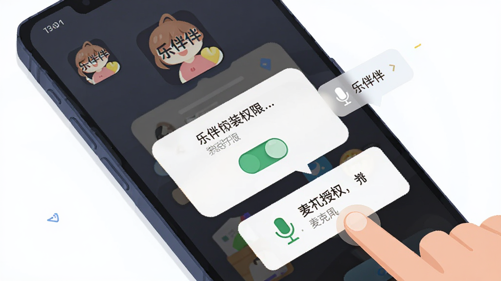 乐伴伴新手操作界面示意图,画面展示手机屏幕内安装权限弹窗与麦克风授权提示,主体为手机和手指点击动作,布局为对角线构图,风格为扁平化UI插画,细节包含“乐伴伴”图标、权限开关、提示气泡,画质清晰,干净无多余元素