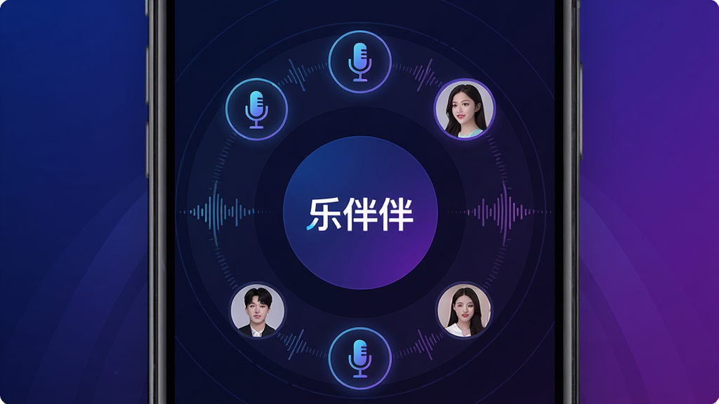 一幅展示乐伴伴语音房间界面的生图,画面主体为手机屏幕内的多人语音麦位环形布局,中心显示“乐伴伴”标志,背景为深蓝到紫色的渐变,排版为环形放射状,风格为暗色科技风,细节包含发光麦克风图标、声波纹理、用户头像圆框,画质细腻,干净无多余装饰