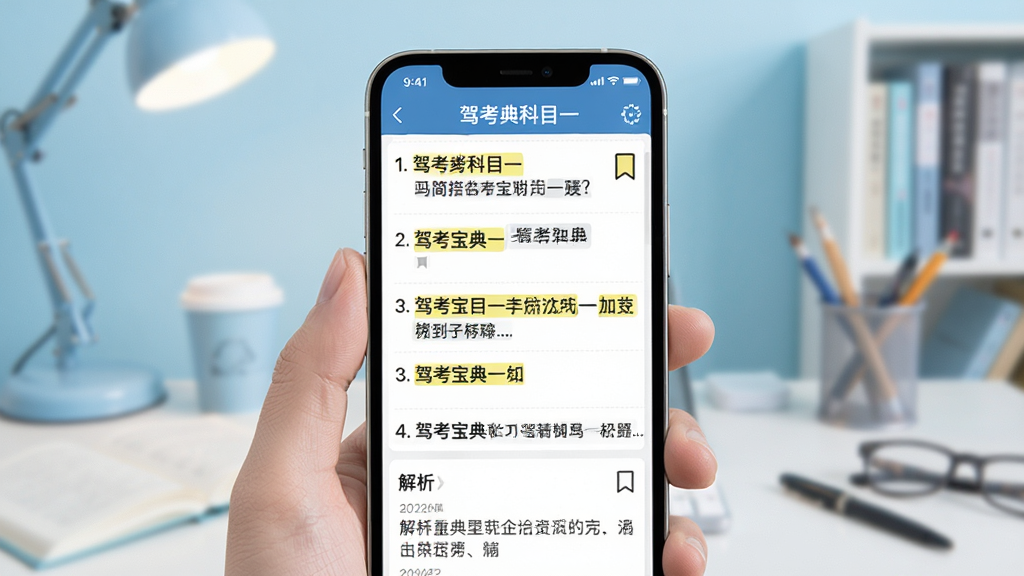 驾考宝典科目一精简五百题学习界面展示图,画面为手机屏幕显示题目列表与解析文字,背景为柔和的浅蓝色学习氛围,风格清新简约,细节包含高亮标记的重点文字与书签图标,画质清晰,屏幕上方显示“驾考宝典科目一”字样