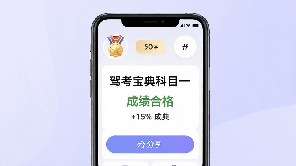 驾考宝典科目一成绩截图分享界面展示图,画面为手机屏幕显示成绩单与分享按钮,背景为淡紫色渐变,风格现代时尚,细节包含勋章图标与百分比数据,画质清晰,屏幕中央显示“驾考宝典科目一”成绩合格字样