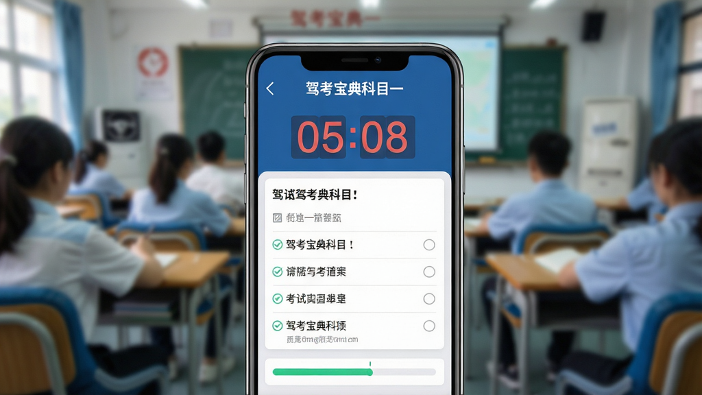 驾考宝典科目一全真模拟考试界面展示图,画面主体为手机屏幕显示倒计时数字与考试题目选项,背景为虚化的考场环境元素,风格写实科技感,细节突出答题卡与进度条,画质干净清晰,软件名称“驾考宝典科目一”在屏幕顶部居中显示