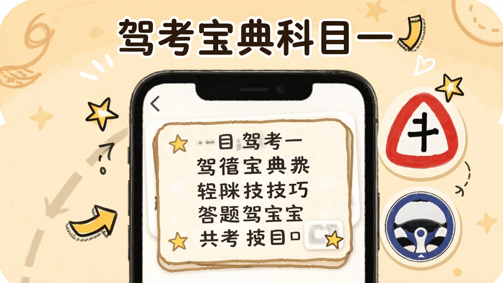 驾考宝典科目一答题技巧速记口诀展示图,画面为手机屏幕显示口诀卡片与交通标志图标,背景为温暖的米黄色调,风格活泼生动,细节包含手绘风格的箭头与星标,画质干净,屏幕顶部有“驾考宝典科目一”标题