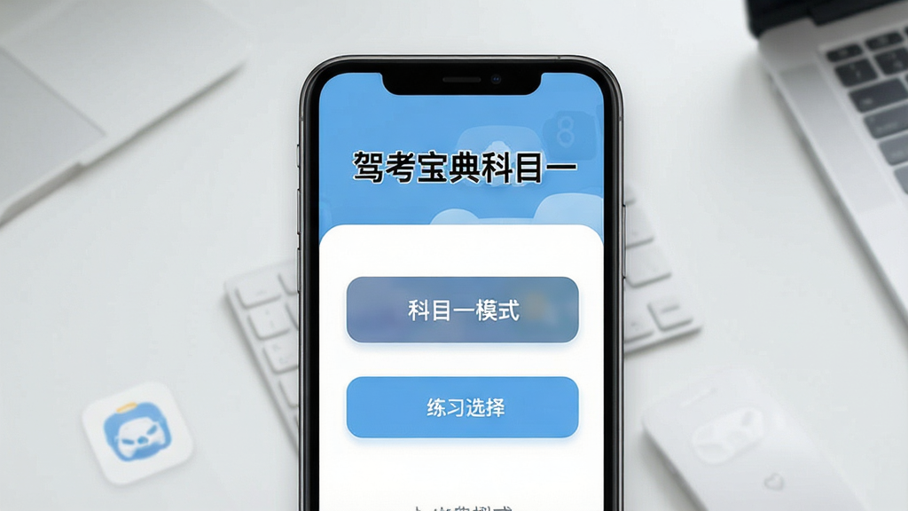 一张展示驾考宝典科目一软件主界面的手机应用截图预览图,画面中央是一部竖屏智能手机,屏幕内显示着“驾考宝典科目一”的标题文字与科目一练习模式选择按钮,背景为干净整洁的浅灰色桌面环境,风格为现代扁平化UI设计,细节包含圆角图标与柔和阴影,画质清晰明亮,无多余元素干扰