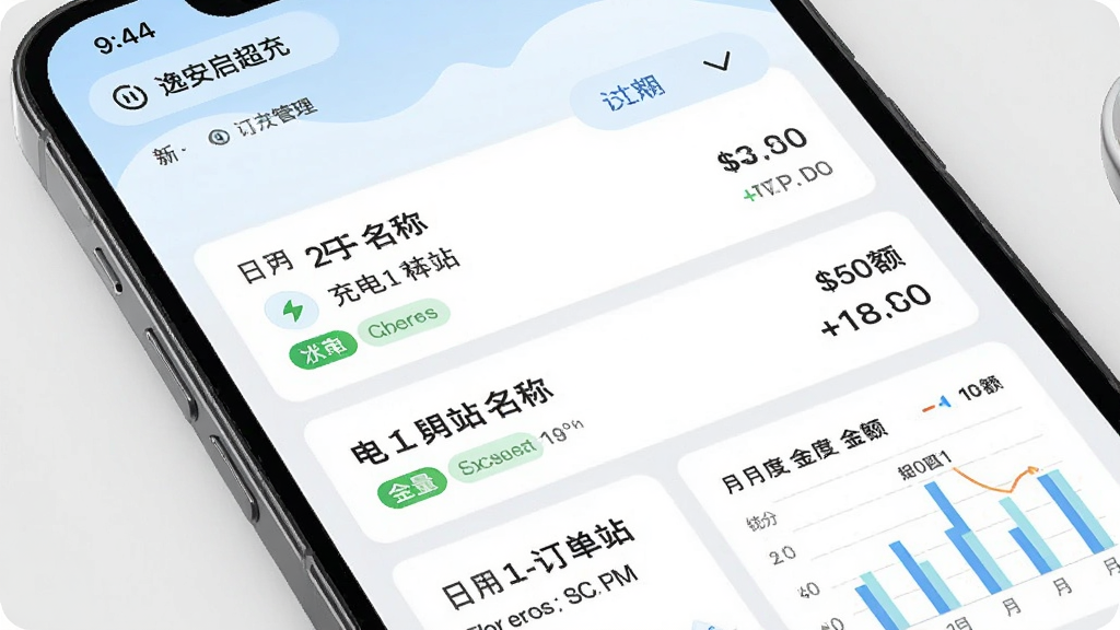 逸安启超充订单管理界面,手机屏幕展示历史充电订单列表,每条订单包含日期、充电站名称、电量、金额等信息,布局为卡片式列表排版,风格为清新浅色系,细节包含订单状态标签、筛选按钮、月度统计图表,画质清晰干净无多余元素