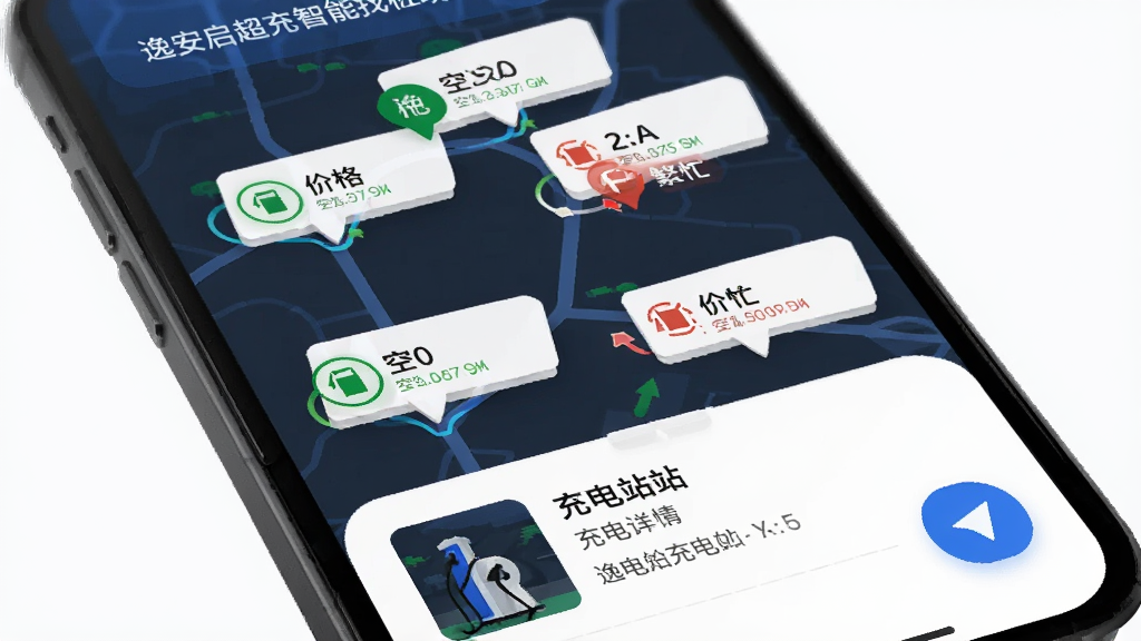 逸安启超充智能找桩功能界面,手机屏幕展示地图上多个充电站标记点,每个标记点旁显示空闲桩数和价格信息,底部弹出充电站详情卡片,布局以上下结构呈现,风格为扁平化科技风,细节包含绿色空闲标识、红色繁忙标识、导航按钮,画质清晰干净无多余元素