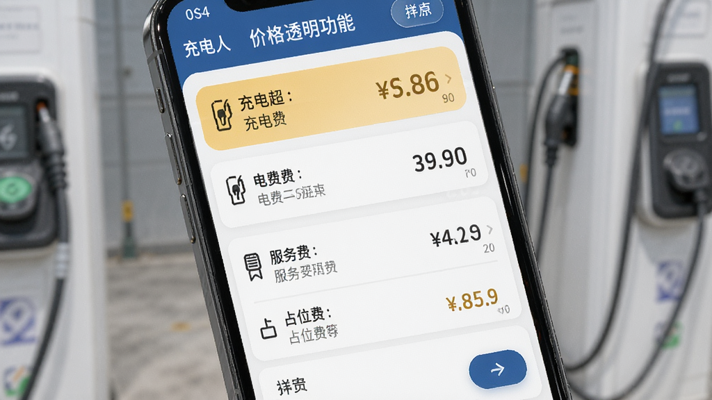 逸安启超充价格透明功能展示,手机屏幕呈现充电站价格对比列表,包含电费、服务费、占位费等明细,布局为纵向列表式排版,风格为简约商务风,细节包含价格数字高亮、费用说明图标、排序按钮,画质高清干净无多余元素