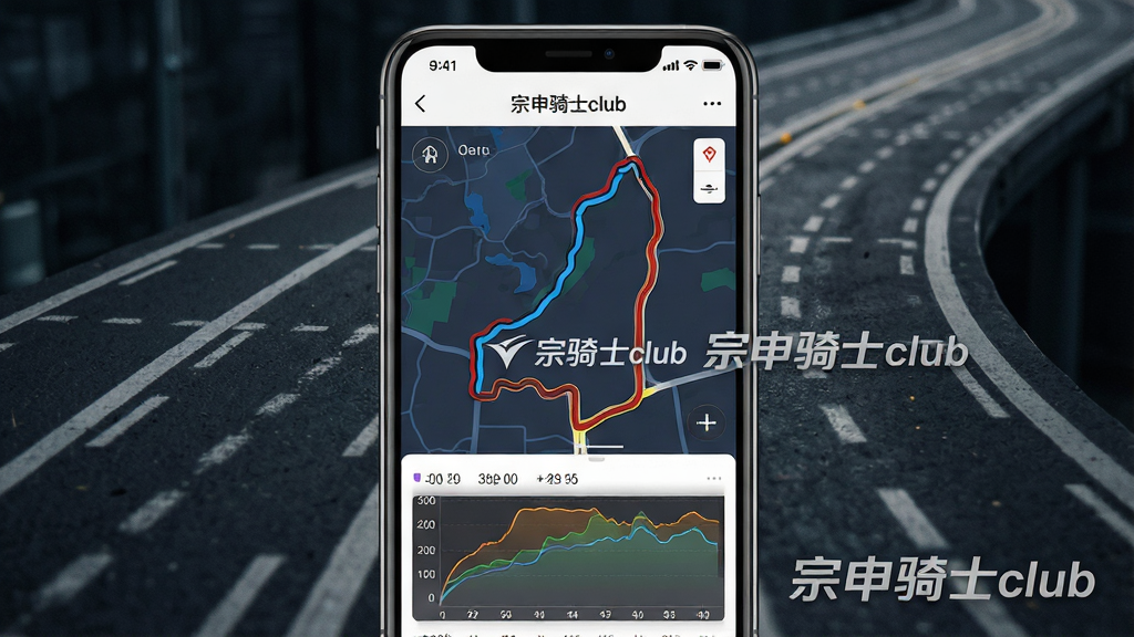 一张展示宗申骑士club骑行轨迹页面的手机截图风格图片,画面中手机屏幕显示地图轨迹和速度曲线,背景为抽象道路纹理,风格简洁科技感,细节包含“宗申骑士club”文字水印,画质清晰,干净无多余元素