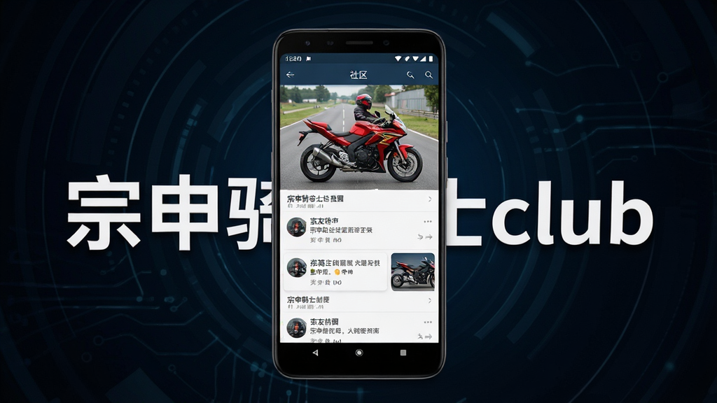 一张展示宗申骑士club应用界面的手机样机图,画面中央是一部竖屏安卓手机,屏幕内显示社区首页,有摩托车图片和车友动态列表,背景为深色科技感渐变,周围环绕“宗申骑士club”文字标识,布局简洁,风格现代写实,细节清晰,画质高清,干净无多余元素