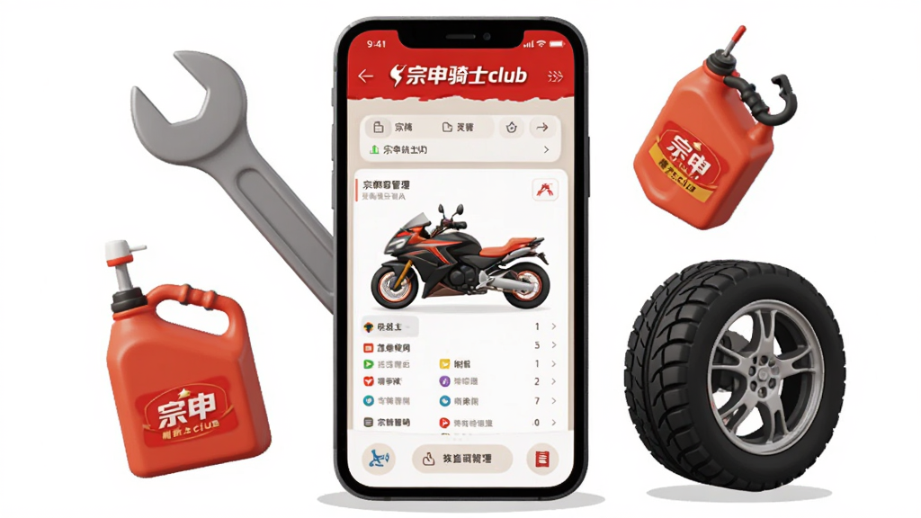 一张AI生成的图片,主体为手机屏幕显示宗申骑士club的车辆管理界面,屏幕周围有扳手、机油瓶、轮胎等维修元素悬浮,布局为居中构图,风格扁平化插画,细节包含“宗申骑士club”文字,画质高清,干净无多余元素