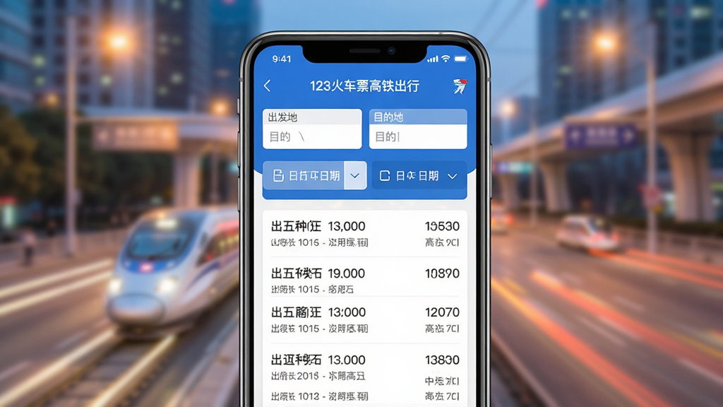 一张展示智能手机界面的图片,手机屏幕中显示“123火车票高铁出行”应用的主页,页面布局包含出发地、目的地输入框和日期选择栏,下方列出多趟高铁车次信息,整体采用蓝白配色,风格简洁现代,背景为柔和的城市交通光影,画质清晰,干净无多余元素