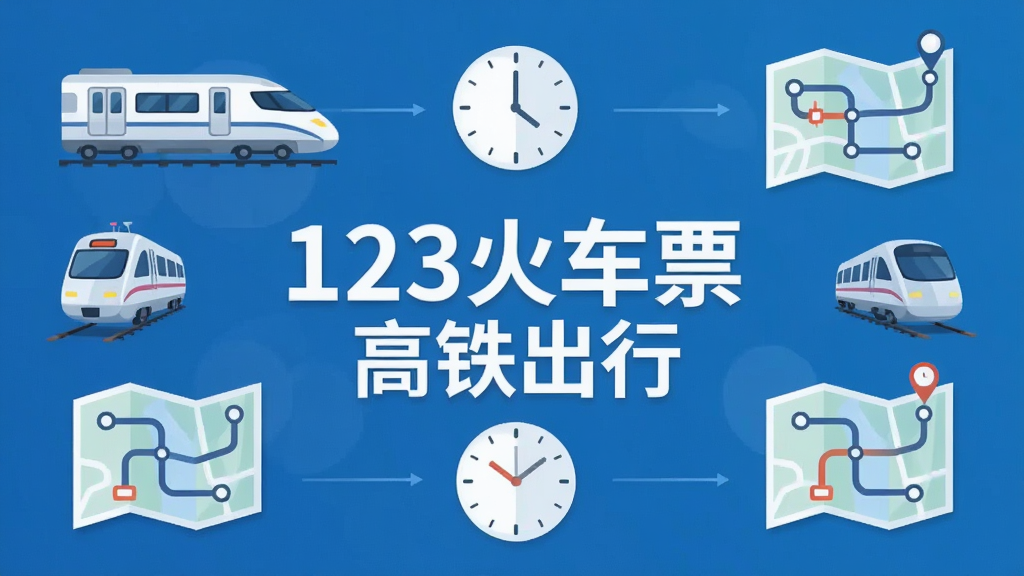 一张信息图表风格的图片,画面中央是“123火车票高铁出行”的文字标识,周围环绕着列车图标、时钟图标和路线图元素,展示车次查询与时间比对的功能概念,布局对称,风格清爽,画质干净,无多余元素