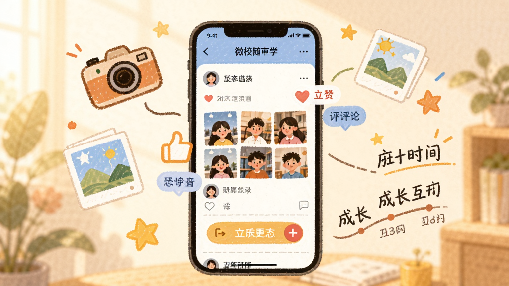 微校随申学班级互动与成长记录功能展示,画面中央为手机屏幕显示班级圈动态,包含照片墙、点赞图标、评论气泡,周围环绕相机、相册、星星等装饰元素,布局采用中心发散式,风格为温暖手绘风,细节突出互动按钮与成长时间轴,画质细腻,背景柔和,无多余元素