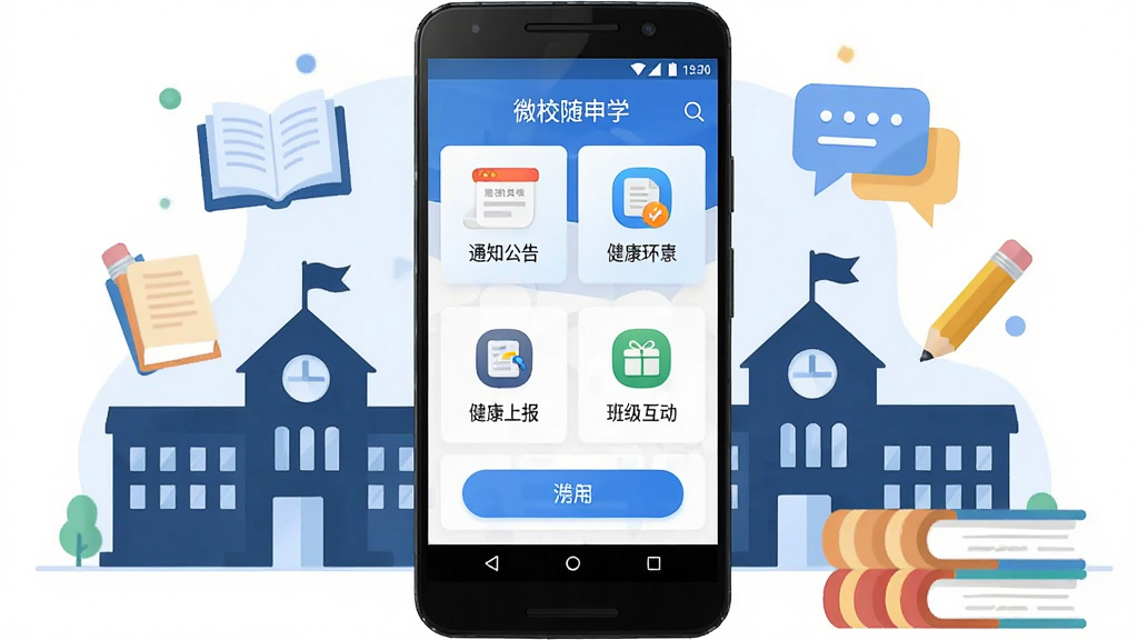 微校随申学软件主界面展示,画面中央放置一部安卓手机,屏幕显示微校随申学应用首页,包含通知公告、健康上报、班级互动等功能入口,手机周围环绕学校建筑剪影、书本、铅笔、对话气泡等元素,布局采用中心对称构图,排版简洁清晰,风格为扁平化科技插画风,细节上突出应用图标与界面按钮,画质高清,背景干净,无多余元素