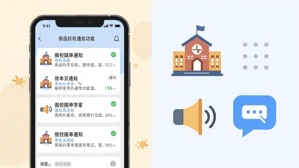 微校随申学家校通知功能展示,画面中心为手机屏幕显示通知列表,旁边有学校图标、喇叭图标与消息气泡,布局采用左右分栏,左侧为手机界面,右侧为通知图标组合,风格为清新扁平插画,细节突出通知卡片与已读标记,画质清晰,背景浅色,无多余元素